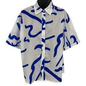 Commense White Blue Top Blouse Size Small S  Short Sleeve Button Down Collar New